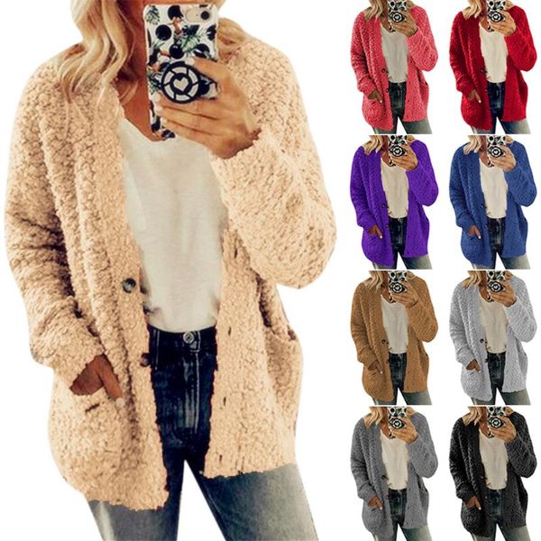 

plus size women faux fur cardigan coats winter warm single breasted pockets jacket solid color casual soft comfortable outwear, Black;brown