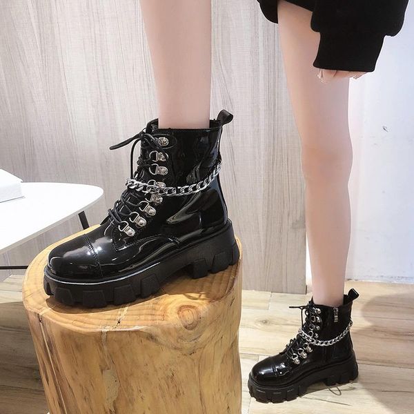 

black martin boots woman women shoes metal decoration chain fashion women boots platform goth ladies chunky ankle