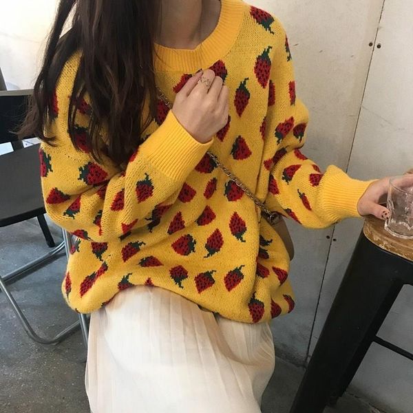 

korea strawberry print sweater female cute casual fashion o-neck long sleeve loose oversize knit sweater, White;black