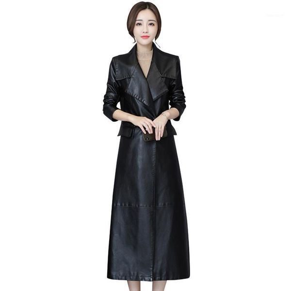 

fashion x-long black leather jacket women plus size 5xl turn-down collar slim soft pu leather trench coat female overcoats1
