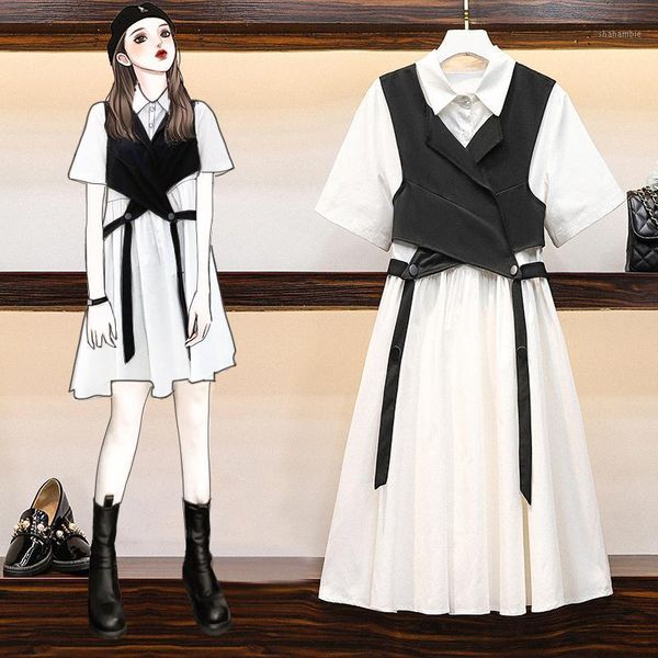 

2020 summer two piece shirt dress women korean ulzzang white woman dress streetwear plus size vestidos1, Black;gray