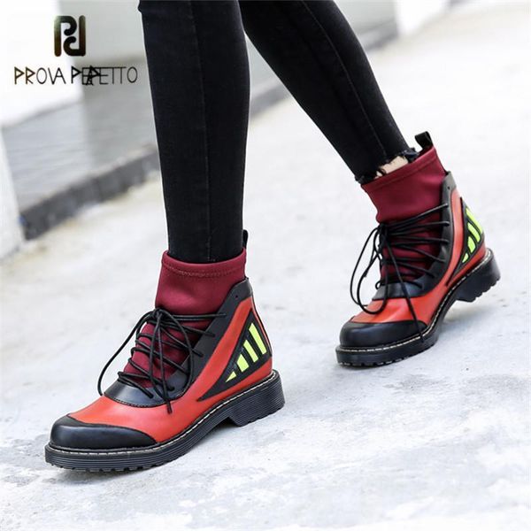 

boots prova perfetto mixed color ankle for women stretch fabric sock booties lace up botas mujer platform riding boots1, Black