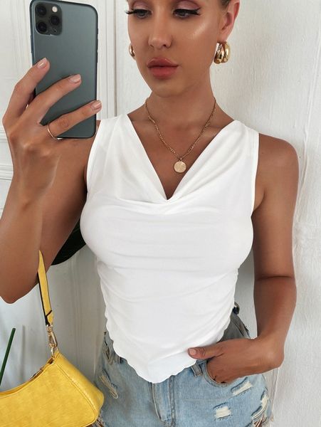 

cowl neck asymmetrical hem crop tank s7xg#, White