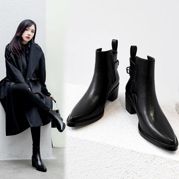 

boots genuine leather women handmade women's shoes spring/autumn buckle strap short pointed toe thick heel size 34-43, Black