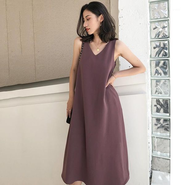 

women fashion vintage dress 2020 summer elegant office ladies sleeveless solid purple a line dresses vestidos1, Black;gray