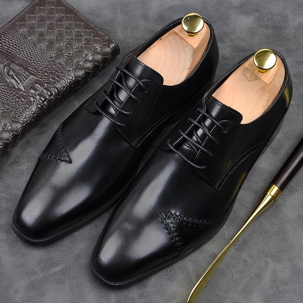 

retro genuine leather formal office men's derby oxfords shoes vintage square toe handmade wedding party footwear am119, Black