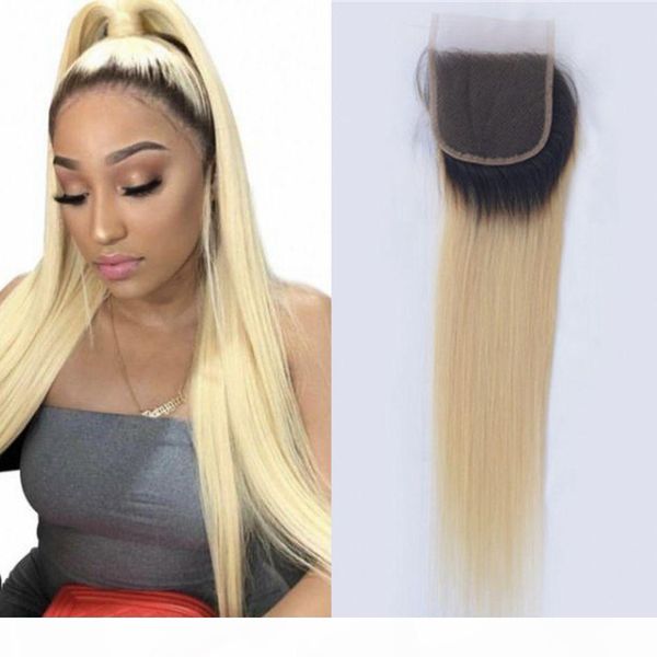 

malaysian straight lace closure 1b 613 blonde ombre human hair 4x4 closures with baby hair 8-20 inch, Black;brown