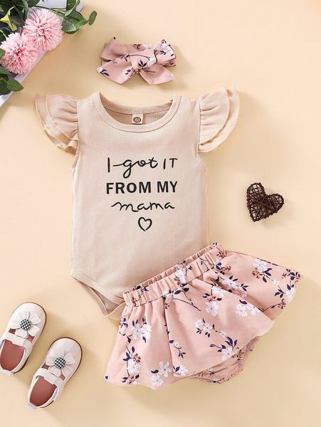 

baby slogan & heart print ruffle sleeve bodysuit & skort with headband she, White