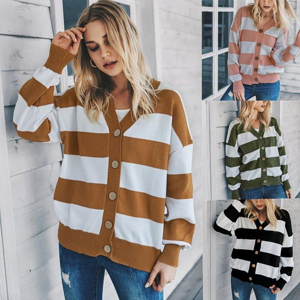 

women's knits & tees autumn striped v-neck long sleeve knitted cardigan, White