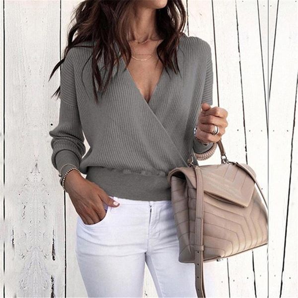 

deep v neck long sleeve loose blouse women fashion casual vintage solid crossed baggy party club tee shirt 1, White