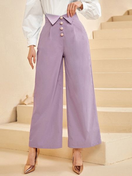 

pearl button front wide leg pants p5be#, Black;white