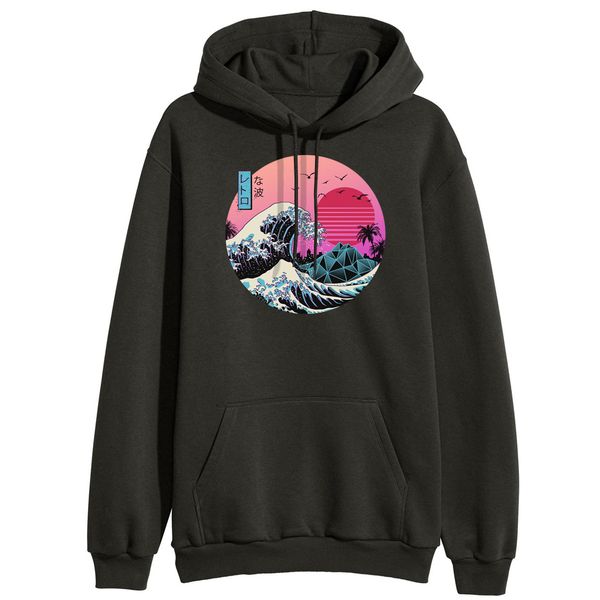 

februaryfrost the retro wave japan anime hoodies sweatshirts vaporwave kanagawa pullover women winter harajuku fleece streetwear outwear, Black
