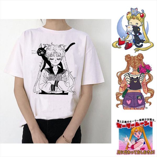 

90s sailor moon смешная футболка harajuku одежда tshirt эстетическая кошка аниме женщины смазливая женщина майка kawaii тис моды ullzang, White