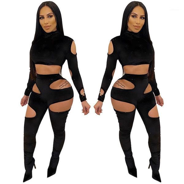

women two piece set long sleeve crop and pants set women party night hollow out slim bodycon 2 piece club outfits1, Gray