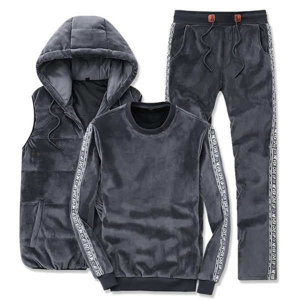 

men's tracksuits plus size -4xl gold velvet 3 piece set sportswear men suit side letters stripes sports hooded vest tracksuit pants, Gray