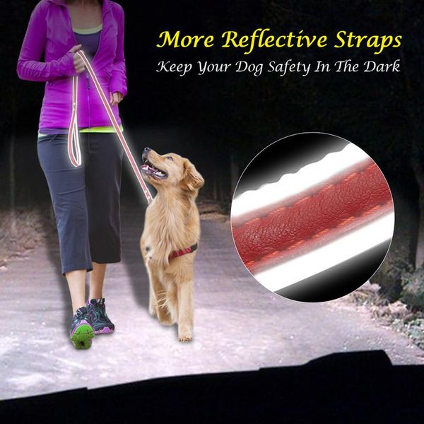 

4ft leather dog leash reflective pet dog puppy walking running lead leashes for small med bbymiv