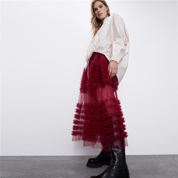 

2021 New Fairy Rape Female See-through Sexy Ruffles Double-layer Midi Tightly Knit High Waist Pinched Burgundy Skirt Swollen 4DY6 IHOI, Black
