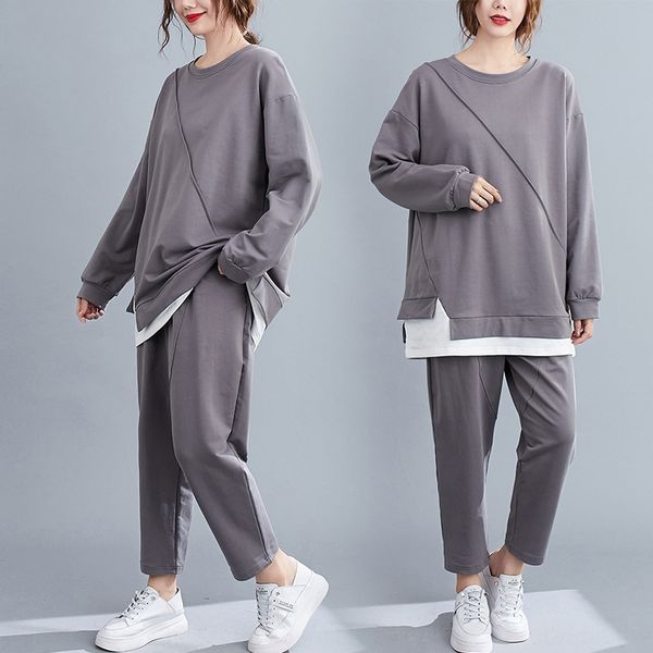 

2020 новых свободные искусств свитера sweatersplicing длинного рукава свитера набор сплошного цвет шаровары случайного двухсекционный компле, Gray