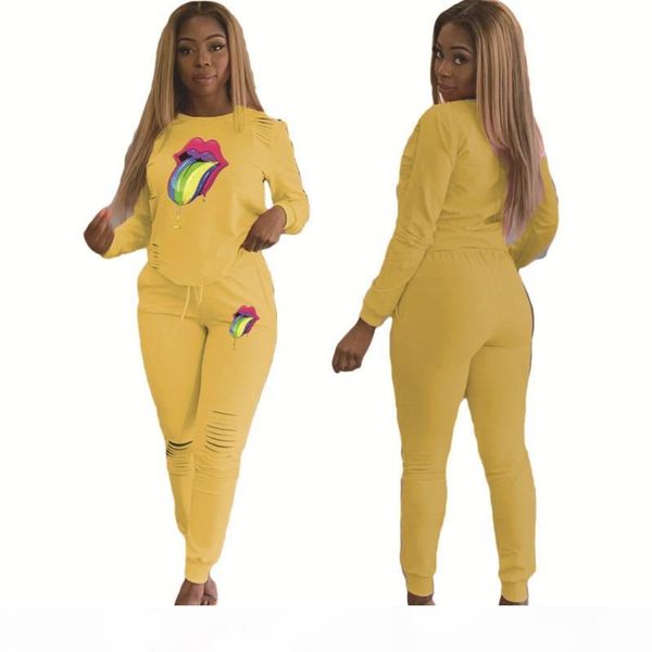 

womens sportswear long sleeve pantsuit outfits 2 piece set designer tracksuit jogging sport suit sweatshirt hole womens legging klw1717, Gray