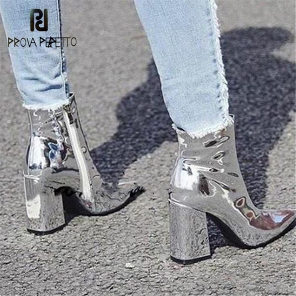 

prova perfetto sliver ankle boots for women pointed toe chunky high heel boots mirror metallic women pumps ladies stiletto, Black