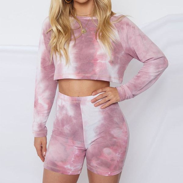 

yoga outfits 2pcs tie dye set sport suit women workout clothes athletic gym long sleeve crop shorts fitness casual outfit, White;red