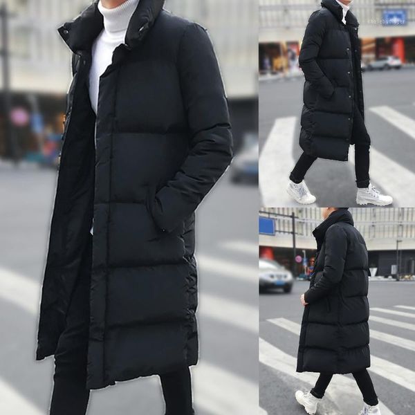 

fashion casual men's cotton coat winter mid-length pure color long thickened zipper button cotton-padded jacket coat 1, Black