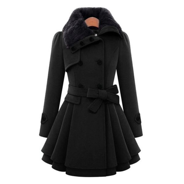 

winter coat women trench coat turn-down collar long sleeve peacoat faux fur double breasted thick plus size fashion outwear 201102, Black
