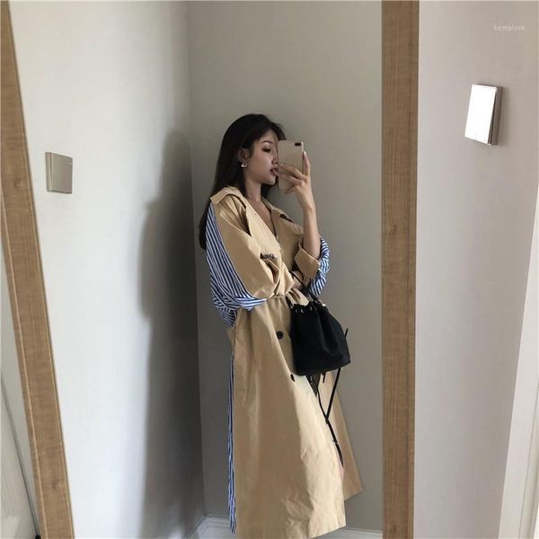 

fashion loose women striped splicing trench coat with belt autumn 2020 female mid-length turn-down double breasted windbreaker1, Tan;black