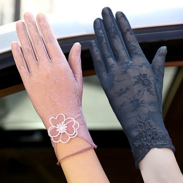 

2020 lace floral summer gloves women thin driving glove high elastic fashion mittens accessories for adult, Blue;gray