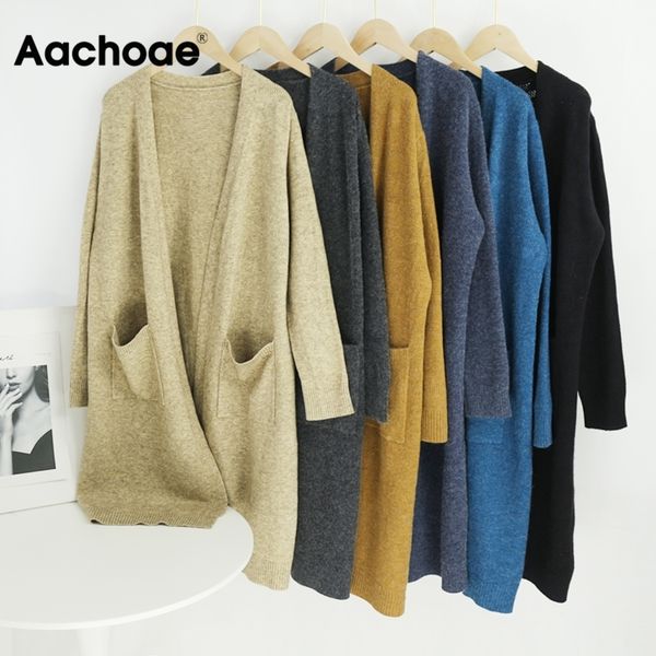 

aachoae casual solid women cardigans with pockets 2020 knitted v neck elegant sweater autumn long sleeve cardigan coat, Tan;black