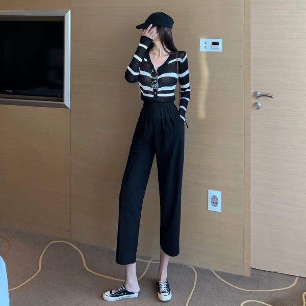

early autumn loose thin striped knitted sunscreen shirt high waist casual suit pants two piece set coat 5f4vx, Gray