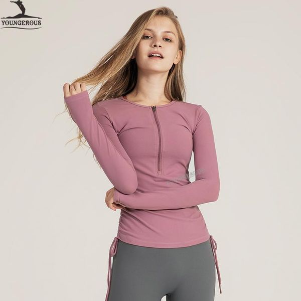 

ladies fitness yoga clothes long sleeve front zipper women running gym sportswear, White;red