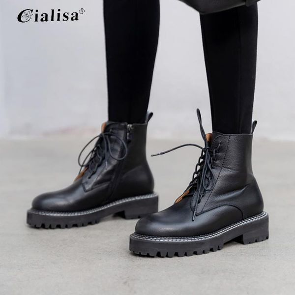 

cialisa women shoes new design genuine leather autumn winter boot fashion lace up low heels women black suede ankle boots