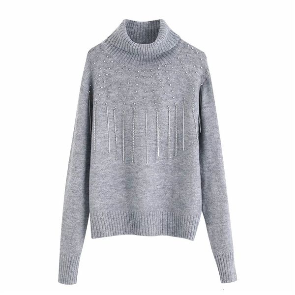 

2021 new autumn winter gray handmade tassel rhinestone turtleneck knitted sweater women long sleeve luxury pullover sweaters 9ld9, White;black