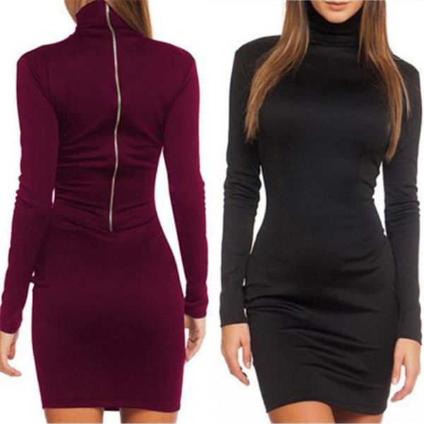 

womens high neck dress fashion trend long sleeve back metal zipper hip short skirt designer female spring new slimming mid-length dress, Black;gray