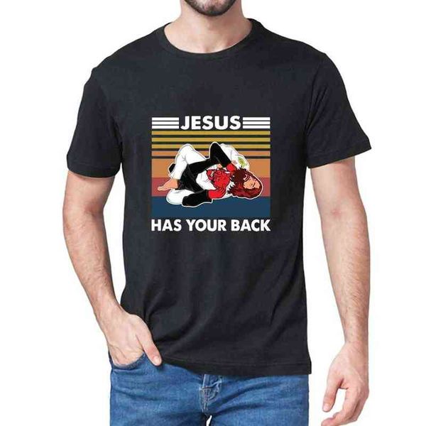 JIU JITSU Jesus Has Your Back Lustiger christlicher Satan Vintage Herren Hals Kurzarm 100 % Baumwolle Übergroßes T-Shirt Geschenk Damen T-Shirt G1222