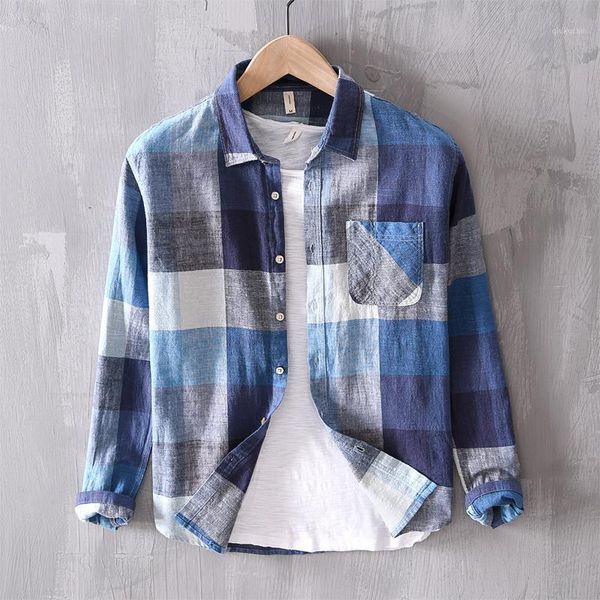 

2020 new spring linen plaid shirt men brand fashion blue shirts for men casual comfortable shirt mens long sleeve shirts male1, White;black