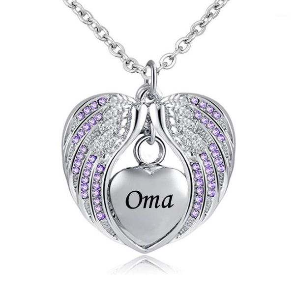 

oma angel wing urn necklace for ashes cremation memorial stainless steel heart keepsake birthstone crystal pendant necklace1, Silver