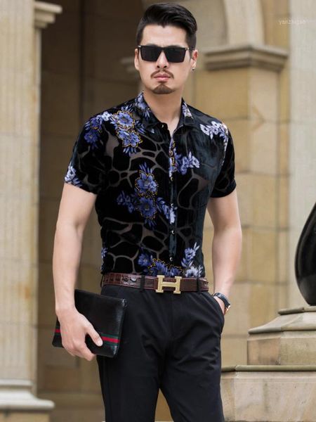 

summer men's velour shirts light and thin personality rhinestone flower fashion slim short sleeve1, White;black
