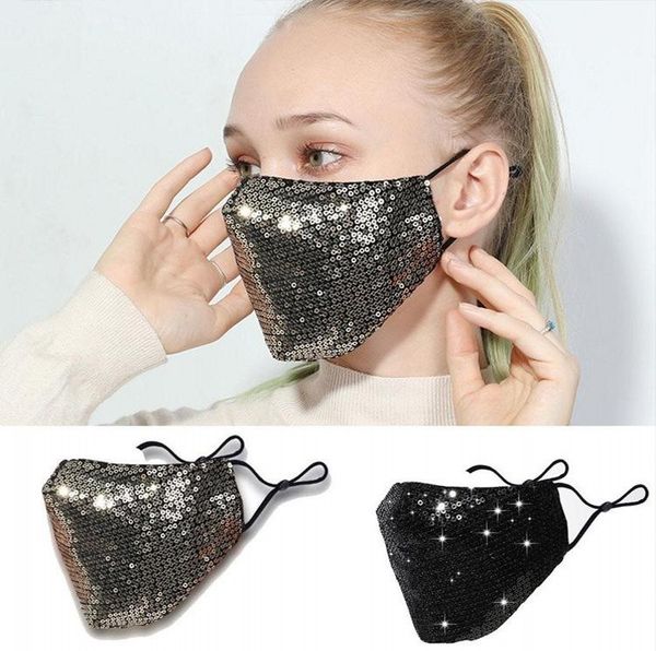 

reusable 3d washable fashion mask pm2.5 face bling care shield sun color gold elbow sequins shiny face cover mount masks