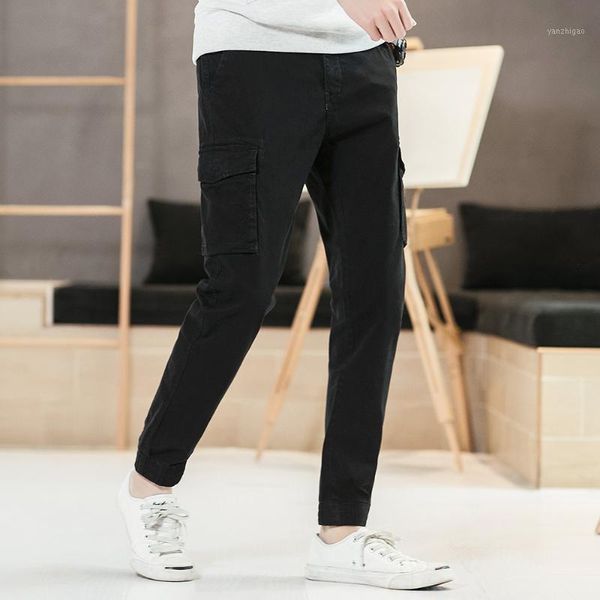

cargo pants men casual pencil pants multi pocket overalls for men plus size mens long trousers elastic 321, Black