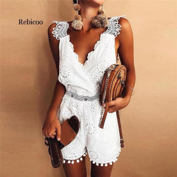 

fashion women sleeveless summer playsuits 2021 v-neck lace backless embroidery casual boho party white short jumpsuit 4j12, Black;white