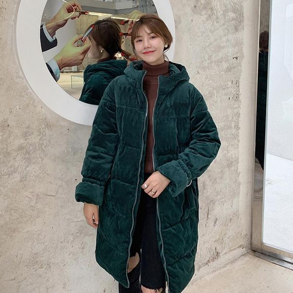 

2019 new women's corduroy jacket long thick warm parka hooded coat special zipper design autumn outwear coats1, Black