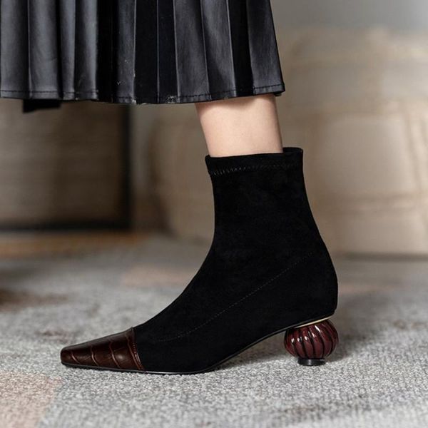 

2020 new fashion women sock boots vintage square toe knight botines black elastic flock winter botas femmes 4cm round heels boot