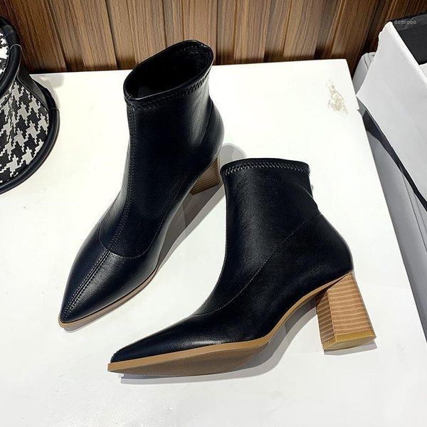 

2020 pointed mid-heel women's ankle boots female shoes black white1