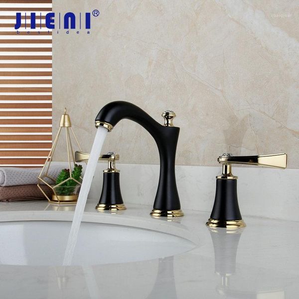 

jieni matte black 3 pcs bathroom faucet deck mounted black painting 2 handles diamond bathroom bathtub basin mixer tap faucet1