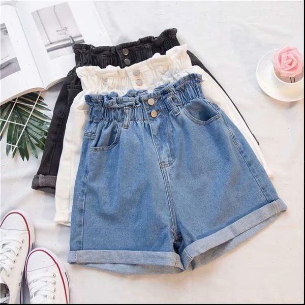 

womens denim wide leg shorts plus size summer black elastic high waisted shorts lady 2021 ruffle casual bottom female, White;black