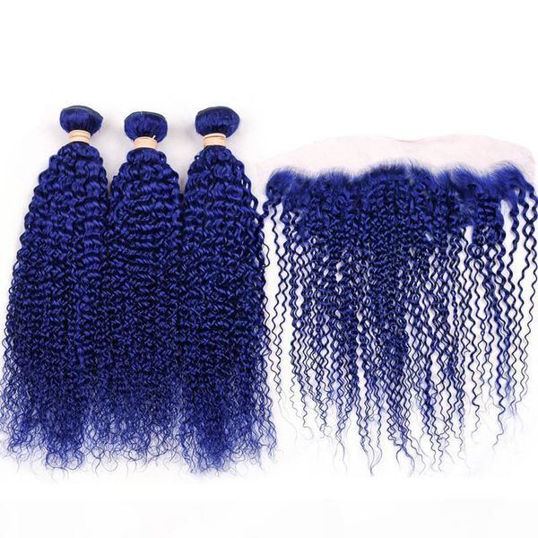 

100% unprocessed brazilian hair weaving bundles kinky curly hair blue human hair bundles with 13*4 closurefrontal, Black;brown