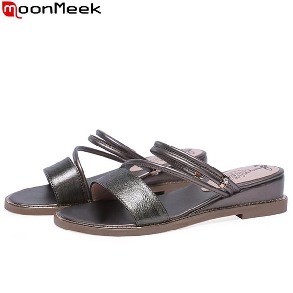 

moonmeek 2020 summer new shoes woman casual summer sandals women genuine leather shoes women wedges low heels big size, Black