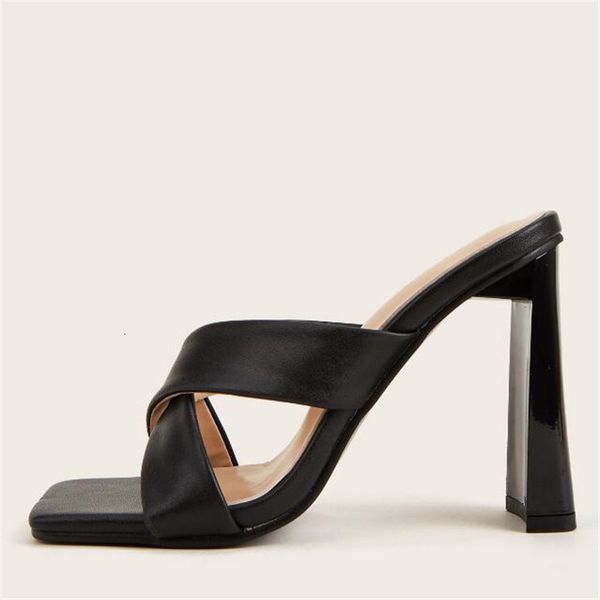

2021 put cross cross-belt peep-toe toe high-heeled shoes summer fashion women dressed as party crutches pantoufle femme size 35-42 4wka, Black